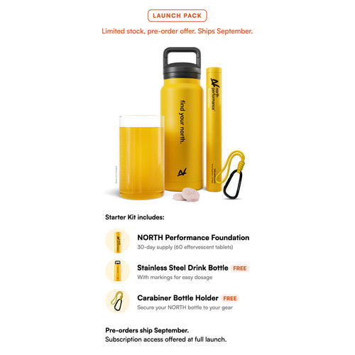 NORTH Foundation supplement Starter Kit with yellow bottle, glass, and packaging on a white background.