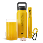 NORTH drink bottle, carabiner, and NORTH Performance Foundation supplement product tube. There is also a glass full of water and the NORTH supplement product.