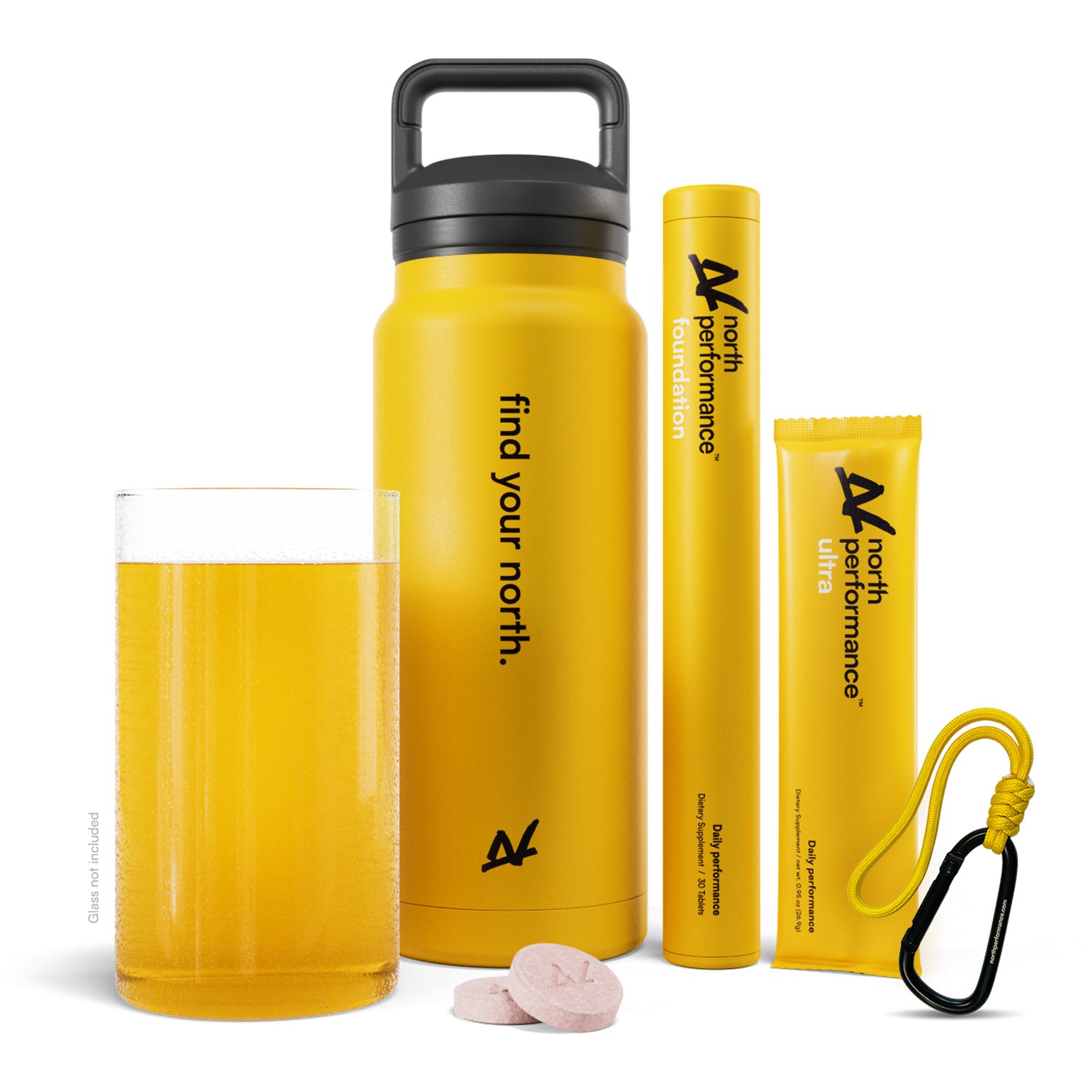 NORTH drink bottle, carabiner, NORTH Performance Foundation supplement product tube, and NORTH Performance Ultra supplement product sachet. There is also a glass full of water and the NORTH supplement product.
