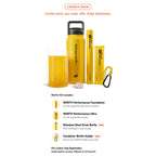 NORTH Foundation supplements and Ultra Starter Kit with yellow bottle, glass, and packaging on a white background.